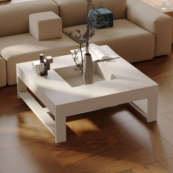 FUFU&GAGA 43.3 in. Light Oak Square Wood End Table with Recessed