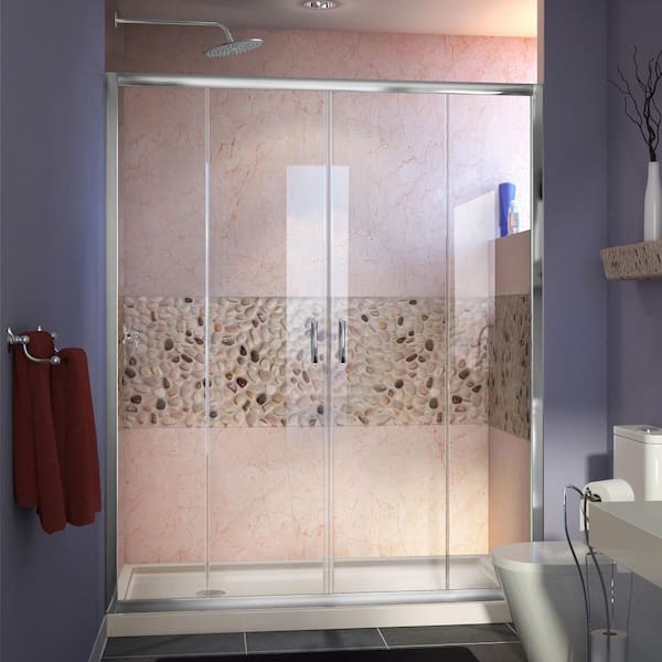 DreamLine Visions 60 in. W x 34 in. D x 74-3/4 in. H Semi-Frameless Shower Door in Chrome with Biscuit Base Left Drain