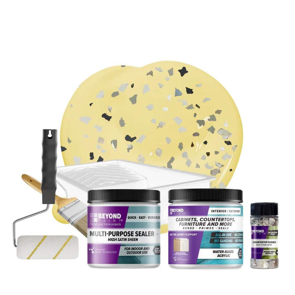 BEYOND PAINT Buttercream Countertop Kit and Smoked Gray Flecks