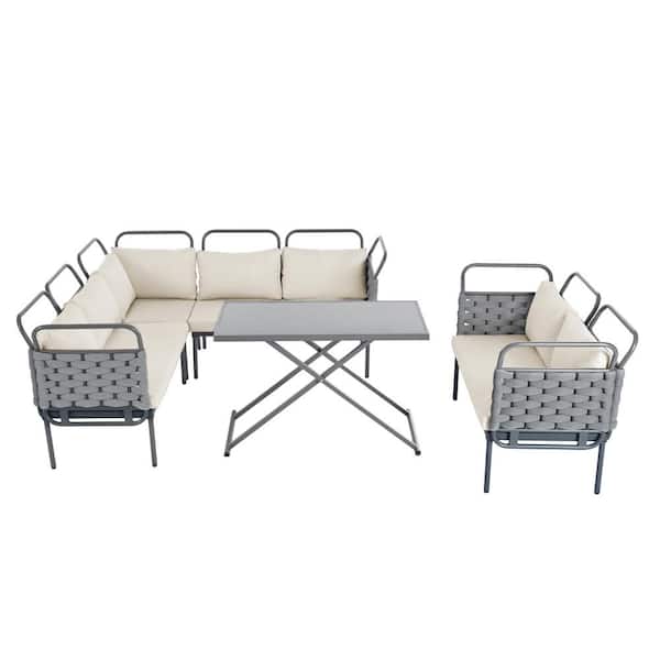 Sudzendf Gray 5-Piece Metal Outdoor Patio Sectional Set with Glass Table and Beige Cushions