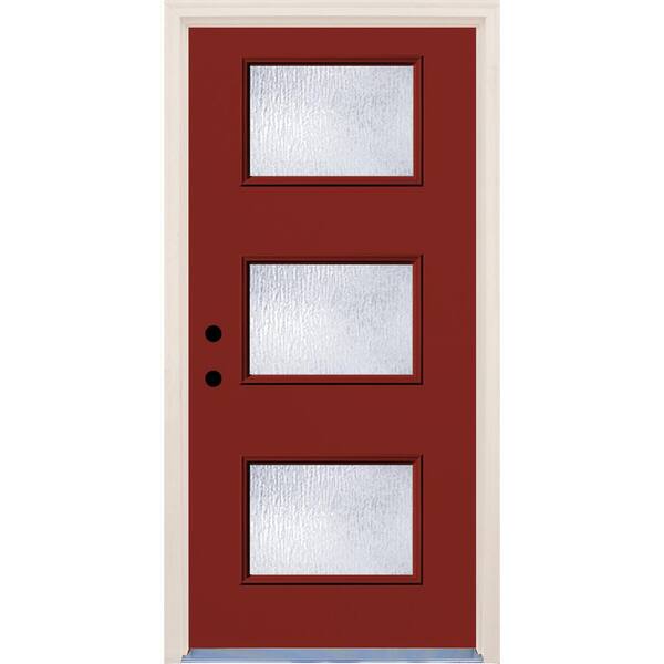 Builders Choice 36 in. x 80 in. Right-Hand Cordovan 3 Lite Rain Glass Painted Fiberglass Prehung Front Door with Brickmould