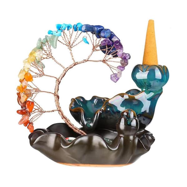 Afoxsos Ceramic Backflow Incense Burner with Crystal Tree and Chakra Stones
