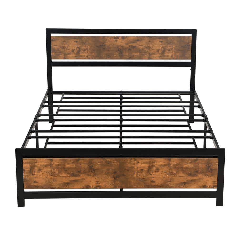 ANBAZAR Black Queen Size Metal Platform Bed with Wooden Headboard