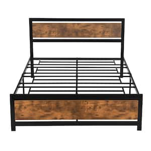 Black Queen Size Metal Platform Bed with Wooden Headboard, Queen Platform Bed with Heavy-Duty Metal Frame