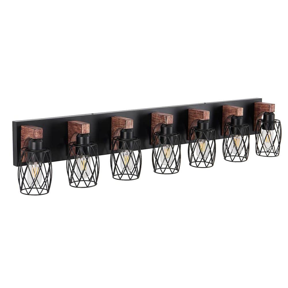 44.3 in. Industrial Vintage 7-Light Bathroom Vanity Light, Black Cage Wall Lighting Fixture (Bulb Not Included) price history on PriceWatchPro