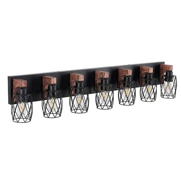 44.3 in. Industrial Vintage 7-Light Bathroom Vanity Light, Black Cage Wall Lighting Fixture (Bulb Not Included)