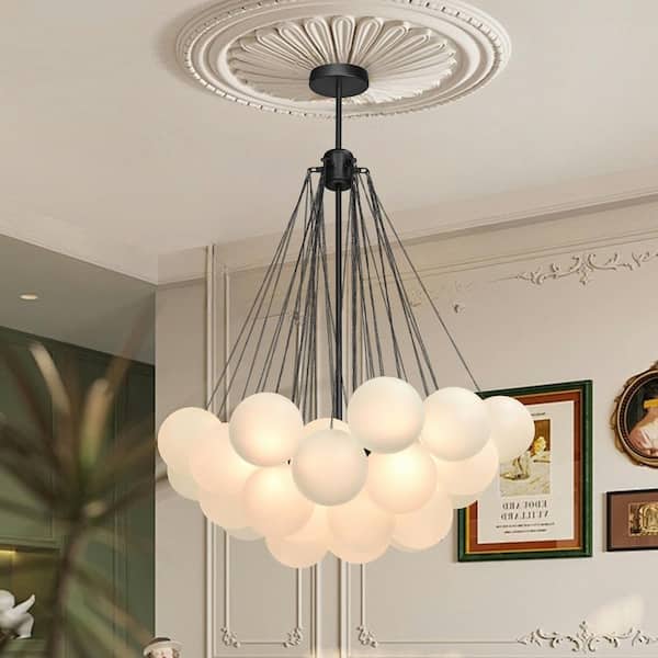 HUOKU Alma 32 in. W 3-Light Cluster Globe Bubble Large Black