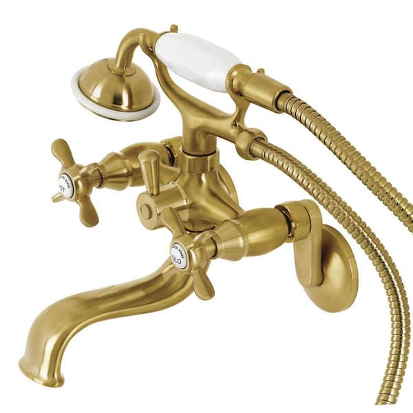 Kingston Brass Essex 2-Handle Wall-Mount Clawfoot Tub Faucets with Handshower in Brushed Brass