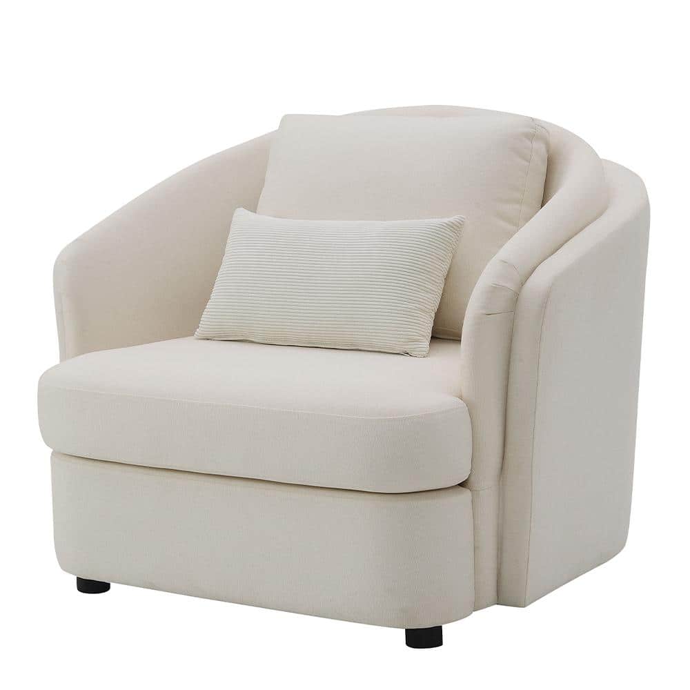 Beige Barrel Accent Chair with Wood Frame and Pillow