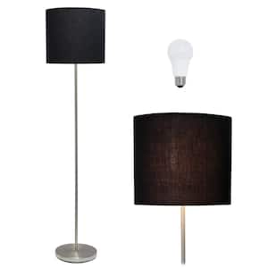 57 in. Brushed Nickel Traditional Standard Stick Floor Lamp with Black Drum Shade, with LED Bulb