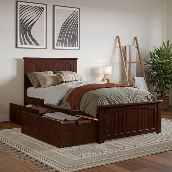 AFI Nantucket Walnut Brown Solid Wood Frame Twin XL Platform Bed with Matching Footboard and Storage Drawers