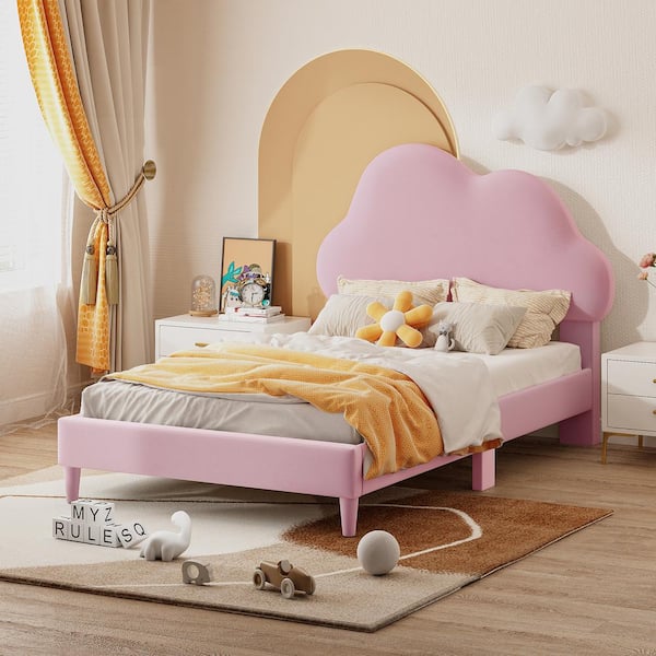 Harper & Bright Designs Pink Wood Frame Twin Size Soft Velvet Upholstered Platform Bed with Cloud-Shape Headboard