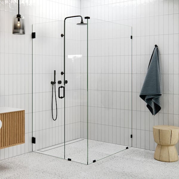 44 in. W x 43.5 in. D x 78 in. H Pivot Frameless Corner Shower Enclosure in Matte Black with Clear Glass