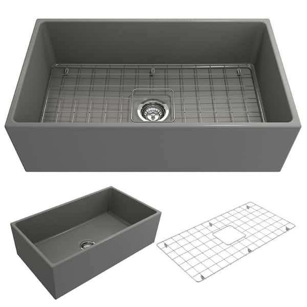BOCCHI Contempo Farmhouse Apron Front Fireclay 33 in. Single Bowl Kitchen Sink with Bottom Grid and Strainer in Matte Gray