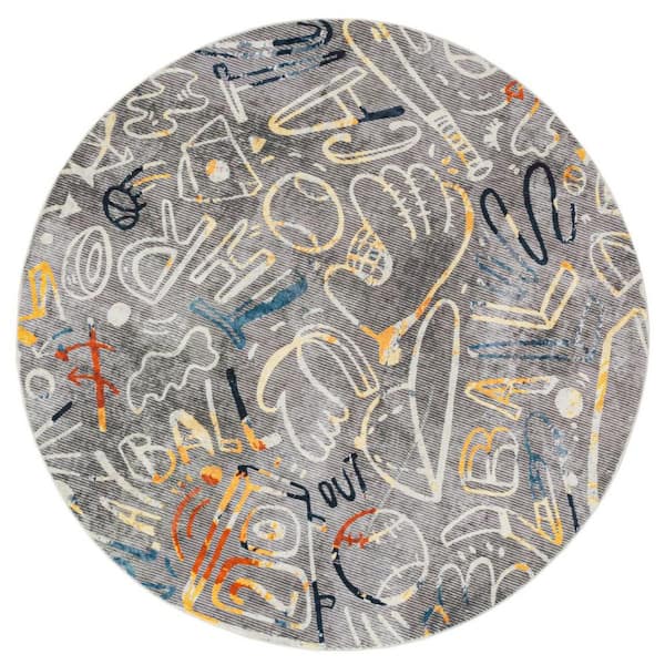Sportsglyphs 8' Round Grey Tones/Multi-Colored Abstract Washable Area Rug