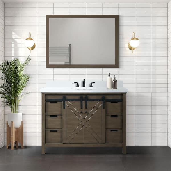 Lexora Marsyas 48 in W x 22 in D Rustic Brown Bath Vanity, Cultured Marble Countertop, Faucet Set and 44 in Mirror
