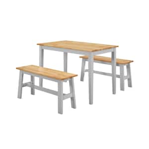 New York 3 Piece 44.88 in. W x 26.75 in. D x 29.5 in. H White and Natural Wood Top Dining Set with 2-Benches