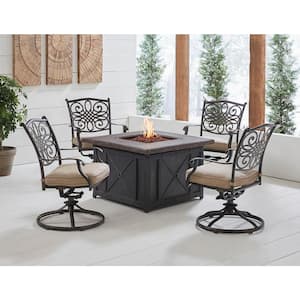Traditions 5-Piece Aluminum Patio Fire Pit Conversation Set with Natural Oat Cushions, Swivel Rockers and Fire Pit Table