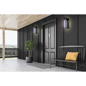 Walker Hill 9.25 in. W x 18 in. H 1-Light Matte Black LED Outdoor Wall Lantern Sconce with Clear Seedy Glass Shade