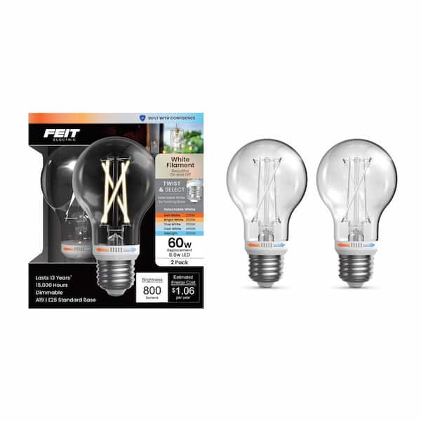 60-Watt Equivalent A19 Dimmable White Filament Clear E26 Medium Twist Select LED Light Bulb Selectable White (2-Pack)