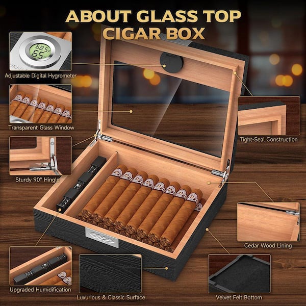8.03 in. W x 7.99 in. H Brown Cedar Wood Cigar Humidor Box with Digital  Hygrometer and Accessories SA1059B258