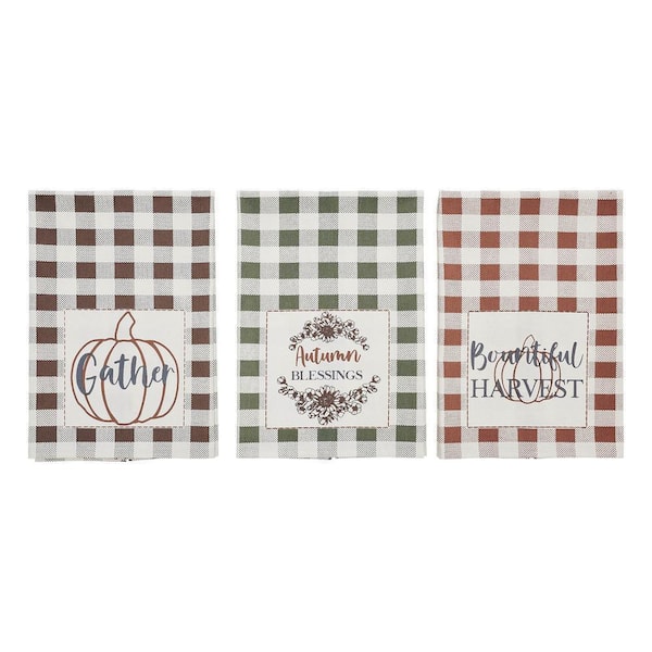Bountifall Multi Colored Seasonal Plaid Harvest Pumpkin Muslin Cotton Kitchen Towel Set (Set of 3)