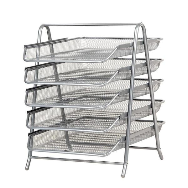 Silver 11.8 in. x 15 in. Metal Desk Organizer Tray with 5 Sliding Trays