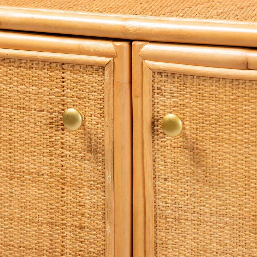 Natural Brown Rattan 2-Door Storage Cabinet with Gold Knobs