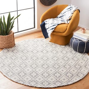 Marbella Collection Grey Ivory 6 ft. x 6 ft. Trellis Plaid Round Area Rug