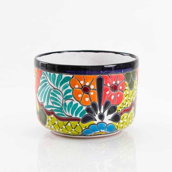Unbranded Large Low Cylinder 11 in. W x 8 in. H Talavera Ceramic Indoor Planter