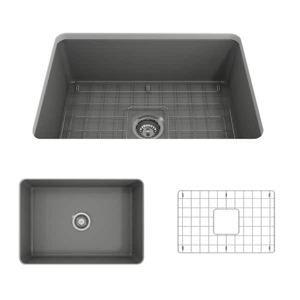 BOCCHI Sotto Undermount Fireclay 27 in. Single Bowl Kitchen Sink with Bottom Grid and Strainer in Matte Gray