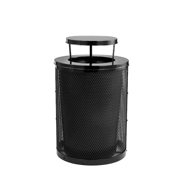 36 Gal. Black Steel Diamond Outdoor Commercial Trash Can with Rain Bonnet Lid and Removable Liner