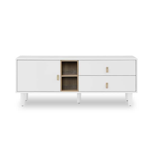 COWLOWN 54.57 in. W x 15.75 in. D x 21.65 in. H White Linen Cabinet with Doors, Leather Handle Drawer Chest