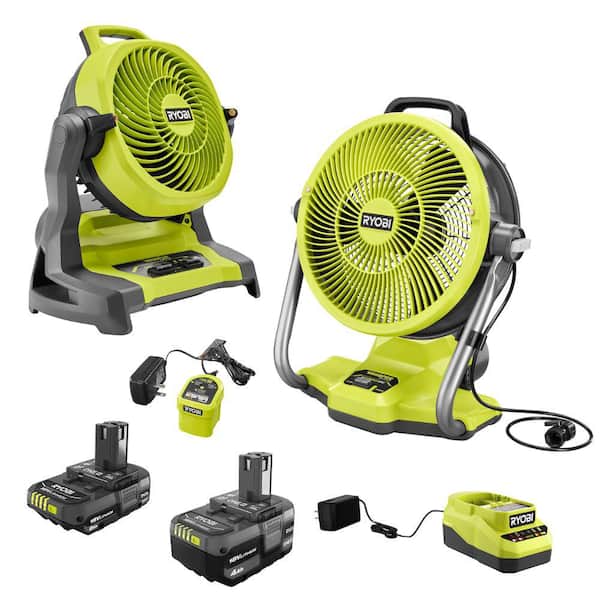 RYOBI ONE+ 18V Cordless Hybrid WHISPER SERIES Misting Air Cannon Fan and Bucket Top Misting Fan Kit w/ Batteries & Chargers