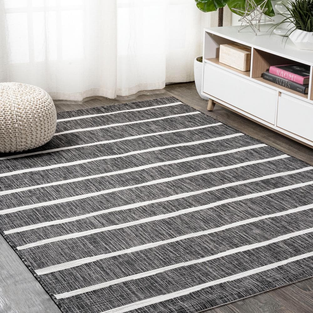 3' x 5' Black and Ivory Synthetic Stripe Rectangular Rug