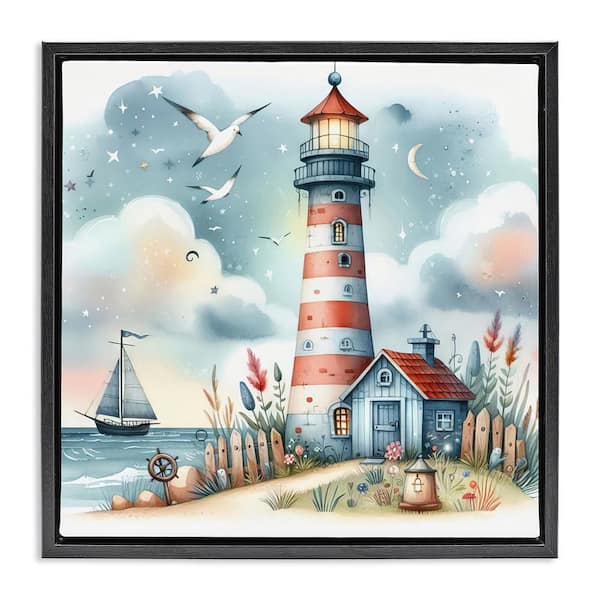 Stupell Industries Fun Maritime Lighthouse by LSR Design Studio Black Floater Frame Coastal Graphic Art Print 18 in. x 18 in.