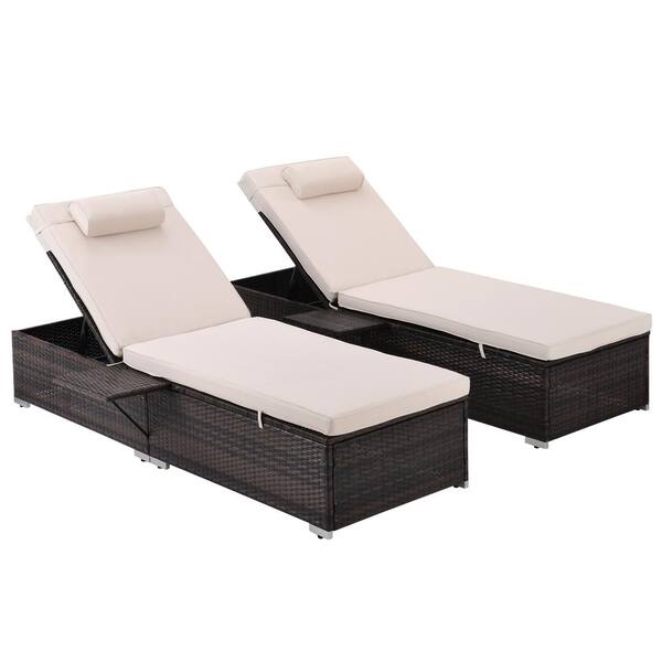 Unbranded Brown 2-Piece PE Wicker Outdoor PE Wicker Chaise Lounge with Beige Cushions and Side Table Lazy Boy Recliner