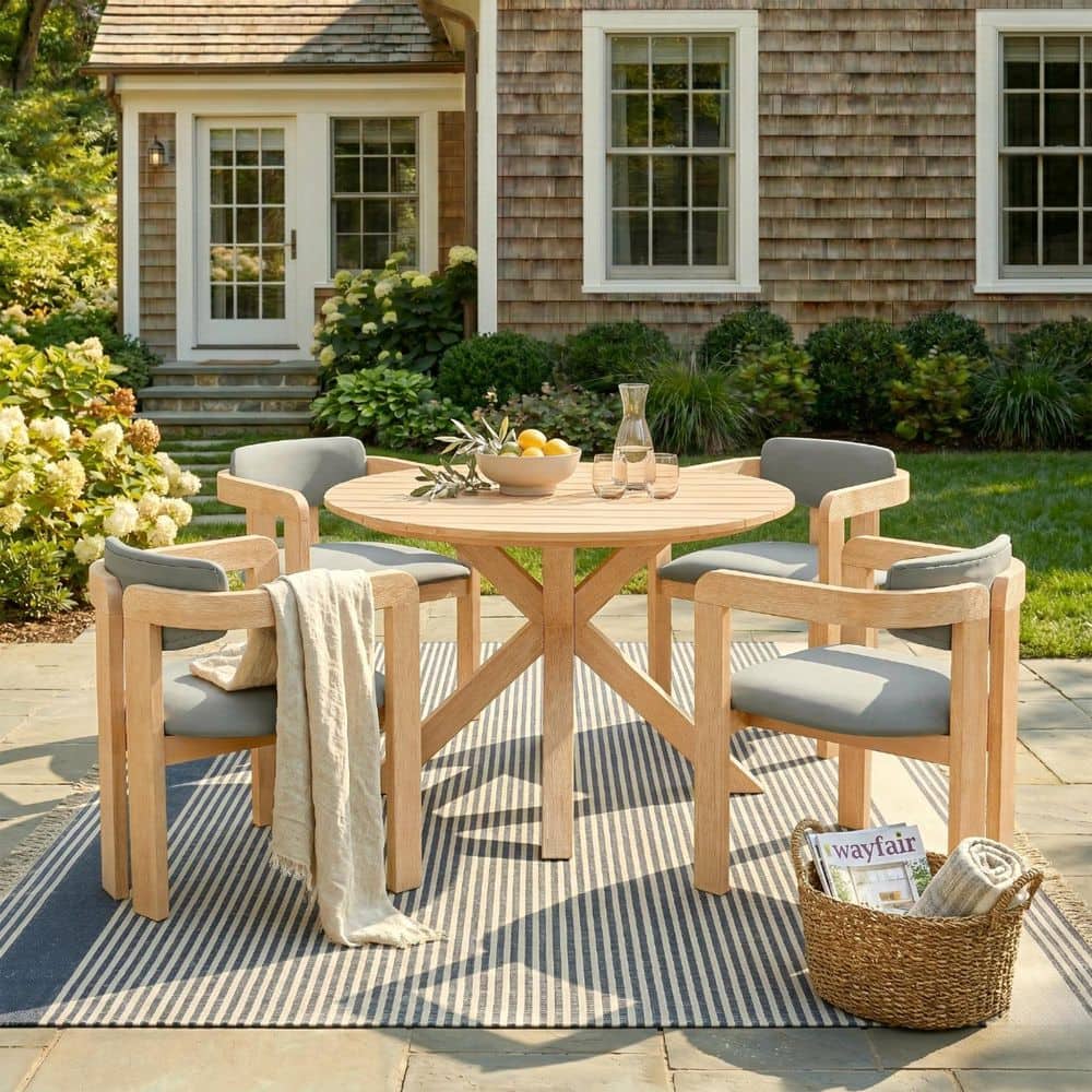 High-end 5-Piece 100% Solid Wood Outdoor Dining Set with 4 Barrel Chairs, Gray Cushions and Acacia Wash Color Frame price history on PriceWatchPro