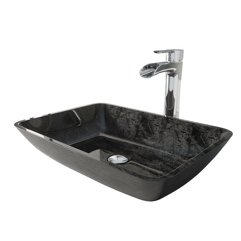 Gray Onyx Glass Rectangular Vessel Sink with Chrome Faucet