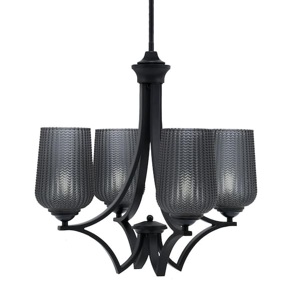 Unbranded Clevelend 4-Light Matte Black Round Chandelier with 5 in. Smoke Textured Glass Shades, No bulbs included