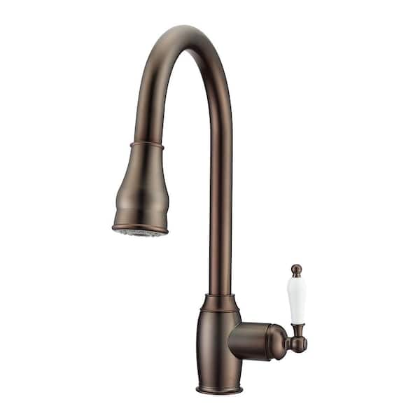 Barclay Products Bay Single Handle Deck Mount Gooseneck Pull Down Spray Kitchen Faucet with Porcelain Lever Handle in Oil Rubbed Bronze