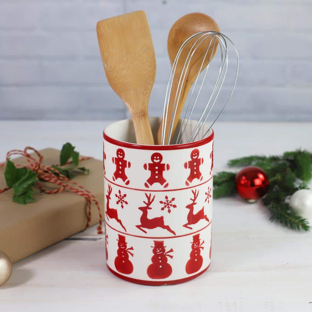 Holiday Ceramic Cylinder Utensil Holder with Festive Designs