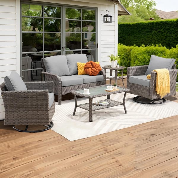 XIZZI Camellia 5-Piece Wicker Patio Conversation Seating Sofa Set with Dark Gray Cushions and Swivel Rocking Chairs