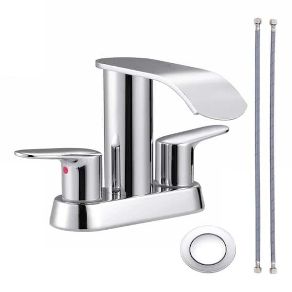 IVIGA 4 in. Centerset Double Handle Waterfall Bathroom Faucet with Drain Kit Included in Chrome