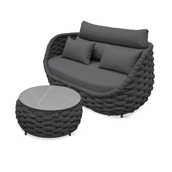 Bird's Nest Shaped Black Aluminum Frame Outdoor Couch Loveseat 2-seat Sofa Daybed with Dark Gray Cushion,Coffee Table