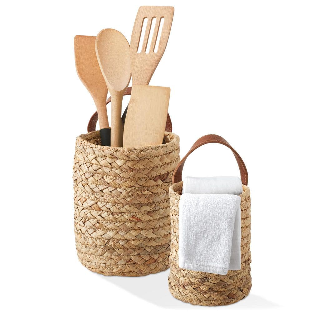 Natural Water Hyacinth Wall Hanging Baskets with Faux Leather Handles