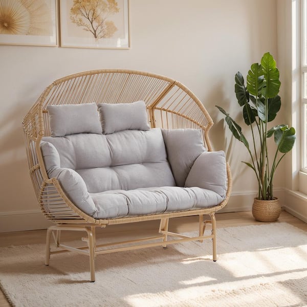 Patio Chairs Outdoor Egg Chair 2-Person Yellow Wicker Outdoor Glider Loveseat with Beige Cushion for Balcony, Porch