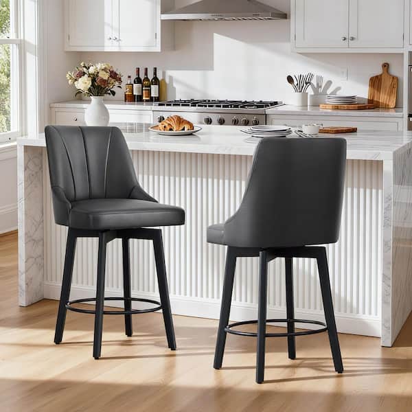 Calix 37.8 in. Black Faux Leather Wood Frame 360° Swivel Counter Height Bar Stool with Wide Seat Cushion(Set of 2)