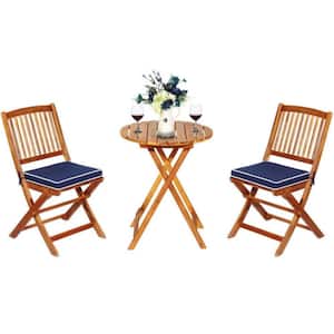 3-Piece Acacia Wood Patio Conversation Set Folding Bistro Set with Navy Padded Cushion and Round Coffee Table