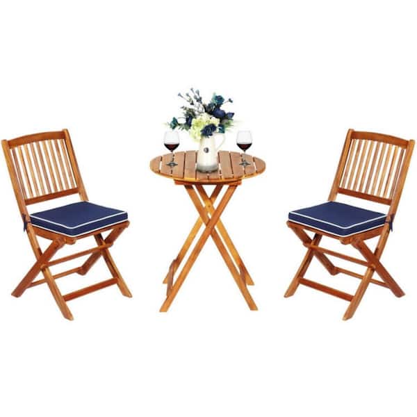 Clihome 3-Piece Acacia Wood Patio Conversation Set Folding Bistro Set with Navy Padded Cushion and Round Coffee Table